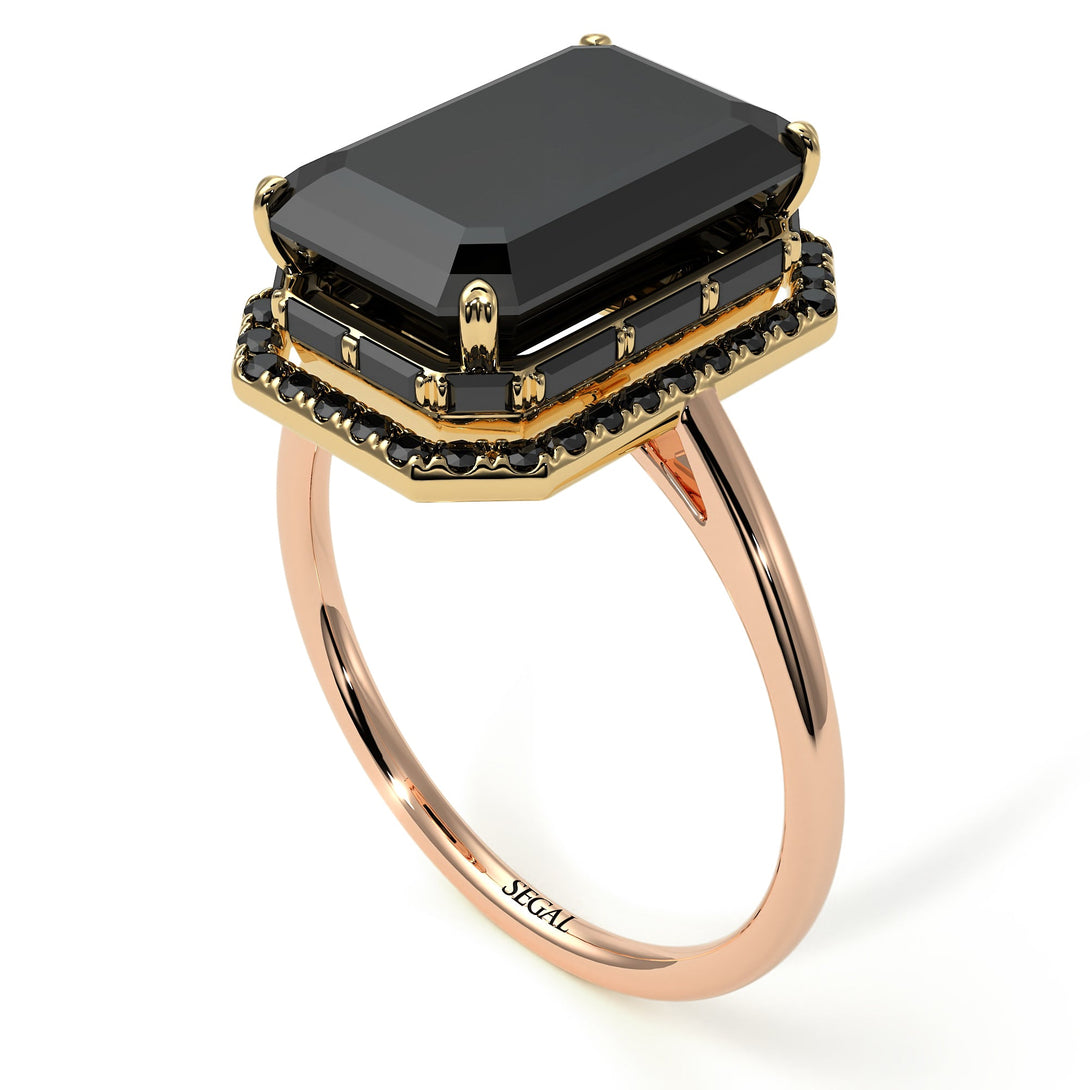 Two Tones Halo Emerald Cut Black Diamond Ring With Hidden Diamonds - Rowan No. 79