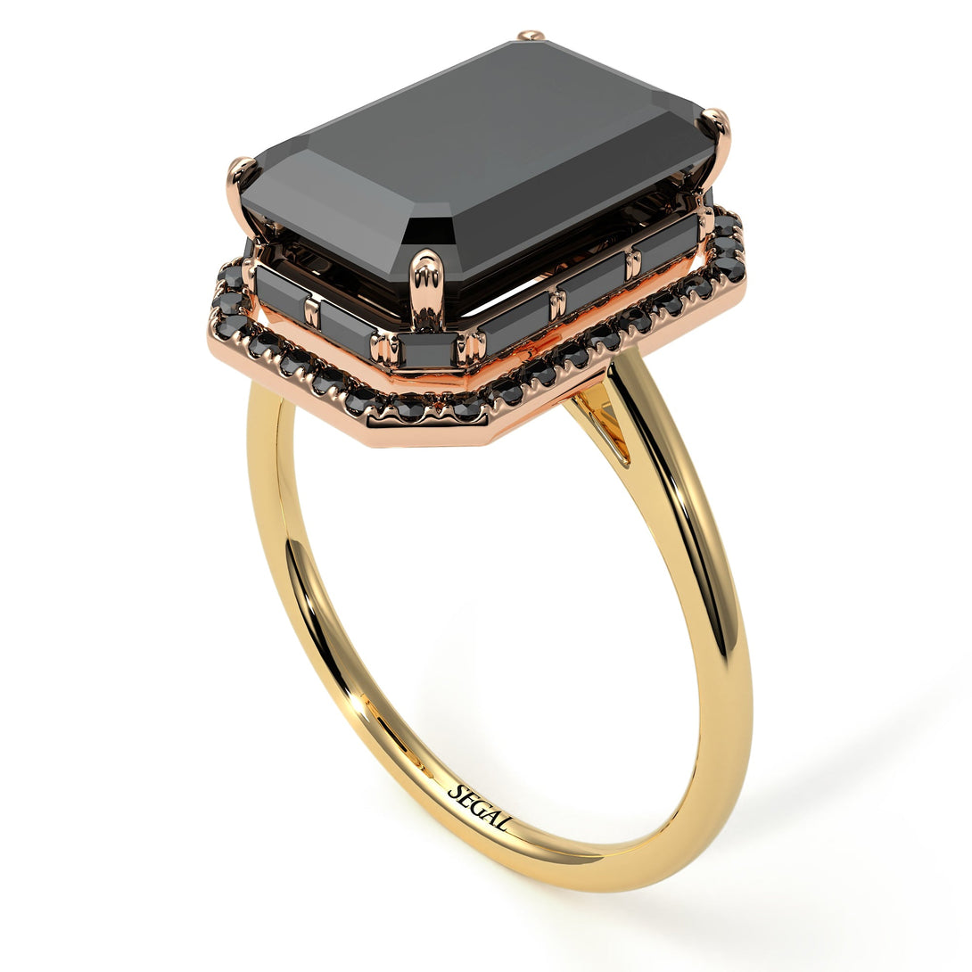 Two Tones Halo Emerald Cut Black Diamond Ring With Hidden Diamonds - Rowan No. 79