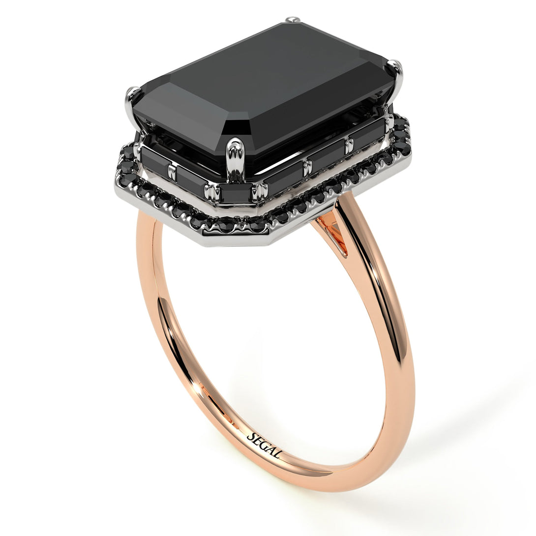 Two Tones Halo Emerald Cut Black Diamond Ring With Hidden Diamonds - Rowan No. 81