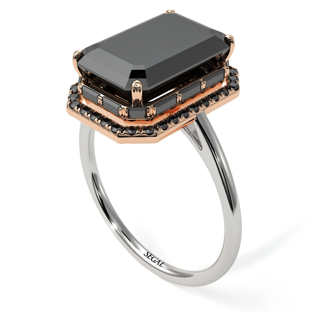 Two Tones Halo Emerald Cut Black Diamond Ring With Hidden Diamonds - Rowan No. 81