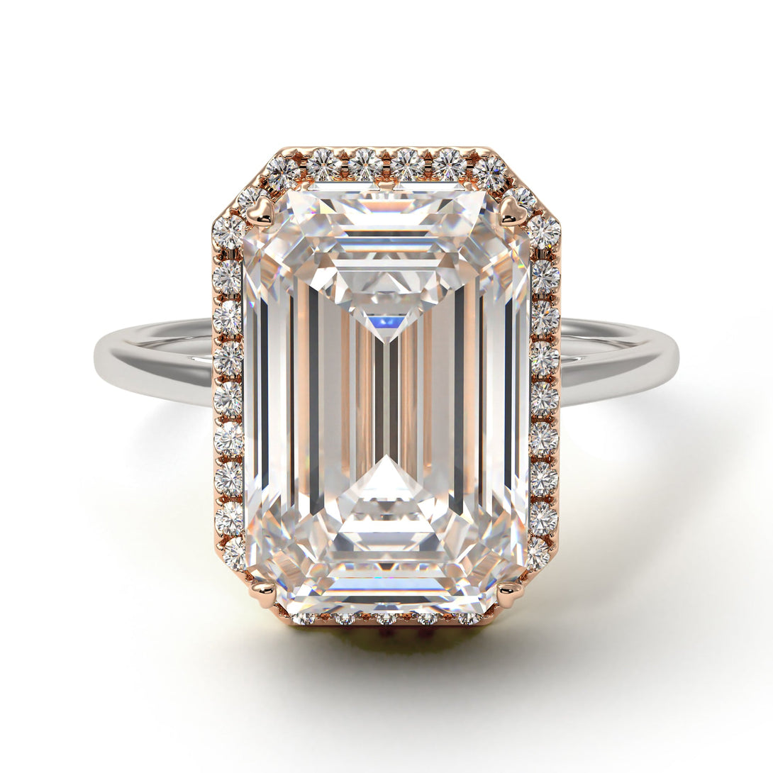 Two Tones Halo Emerald Cut Diamond Ring With Hidden Diamonds - Rowan No. 78