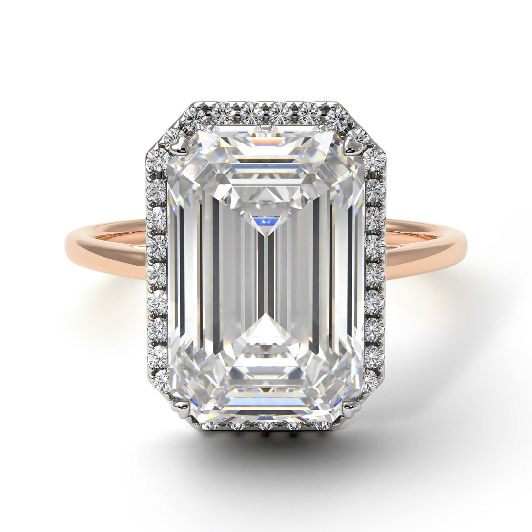 Two Tones Halo Emerald Cut Diamond Ring With Hidden Diamonds - Rowan No. 78