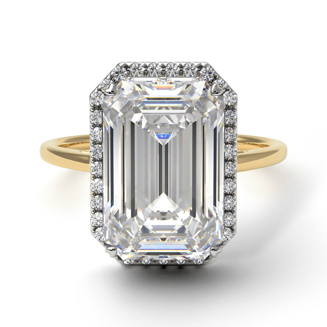 Two Tones Halo Emerald Cut Diamond Ring With Hidden Diamonds - Rowan No. 77