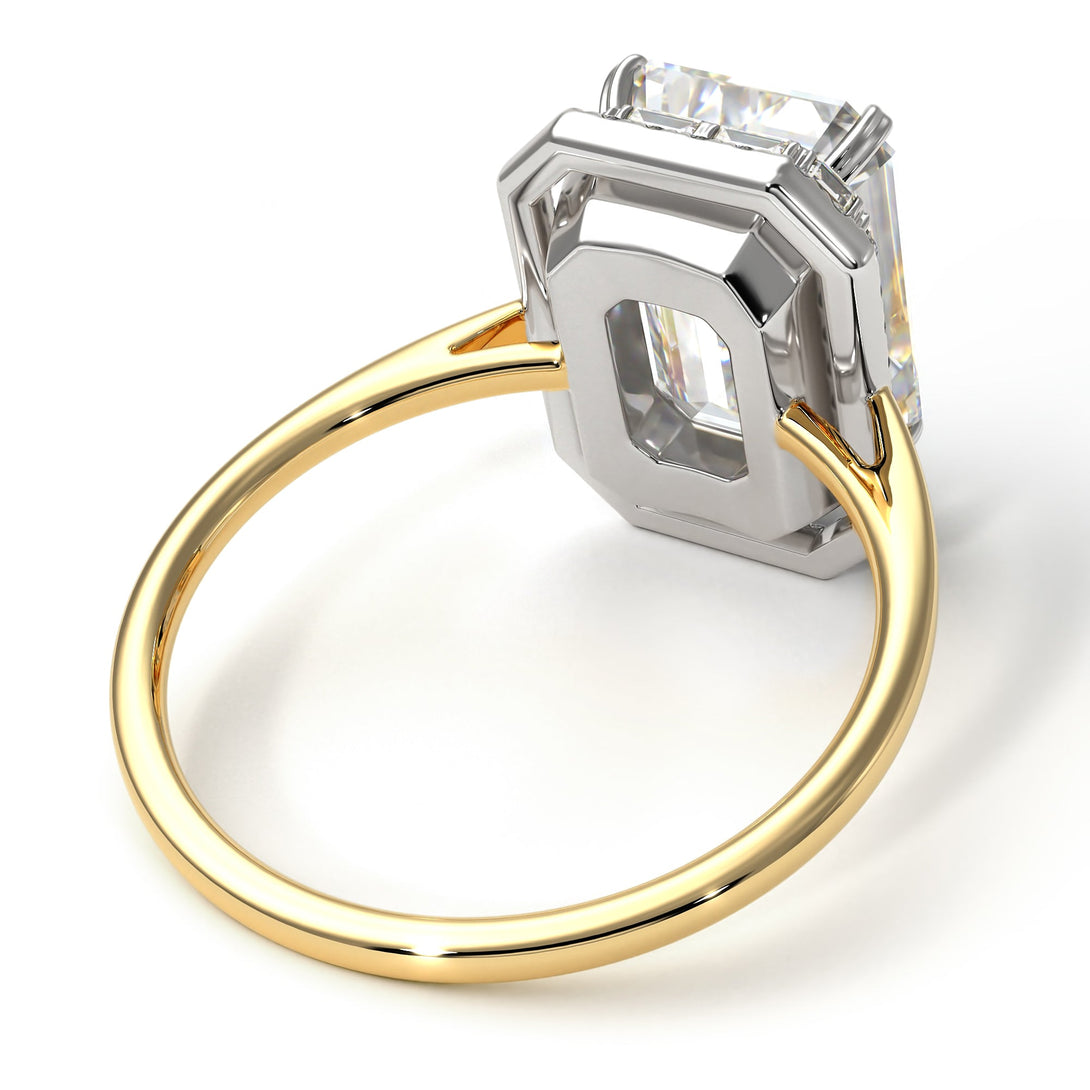 Two Tones Halo Emerald Cut Diamond Ring With Hidden Diamonds - Rowan No. 77