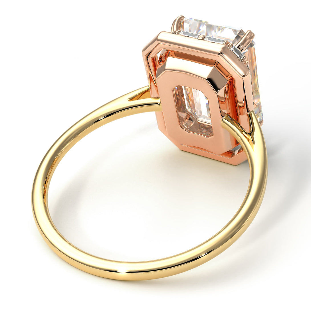 Two Tones Halo Emerald Cut Diamond Ring With Hidden Diamonds - Rowan No. 76