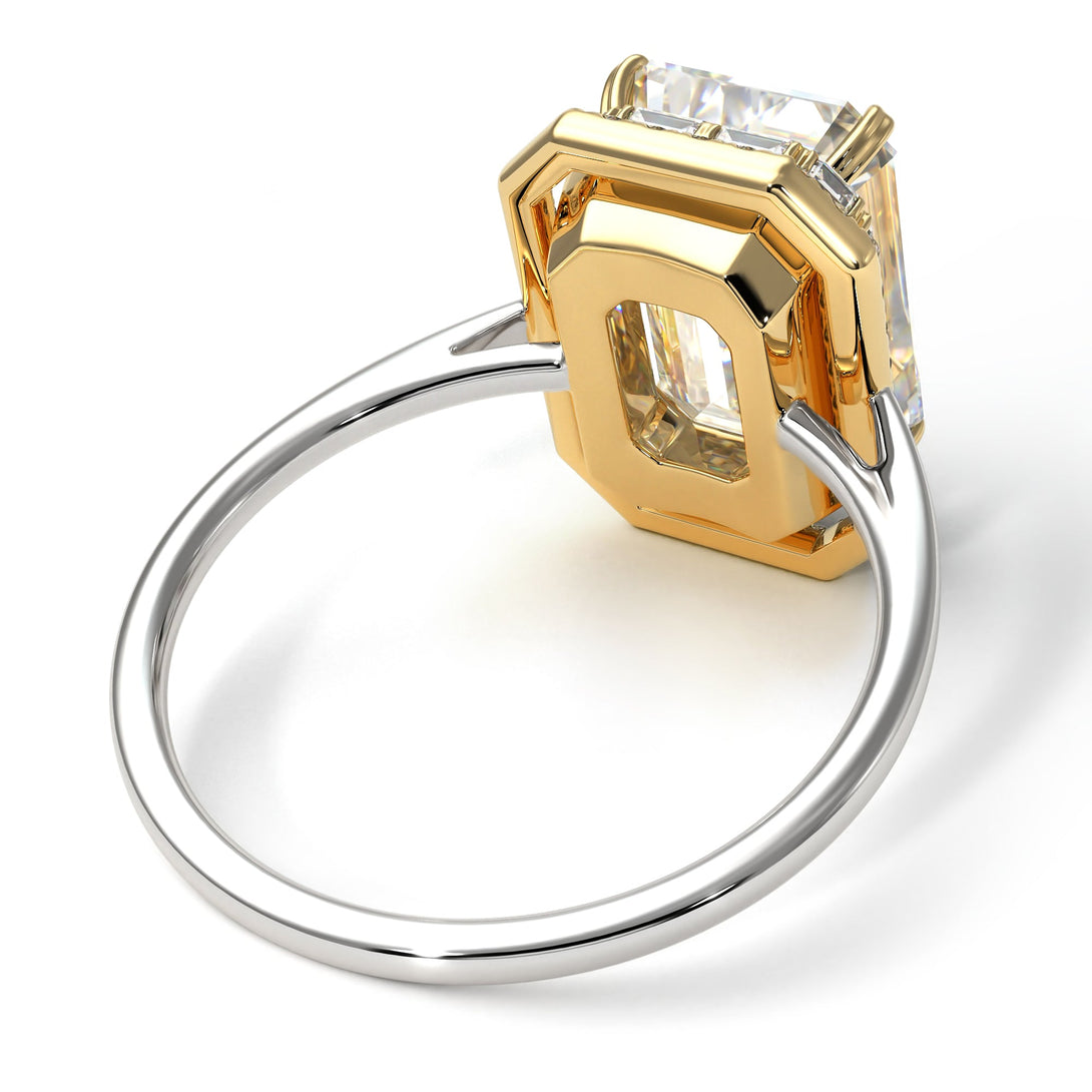Two Tones Halo Emerald Cut Diamond Ring With Hidden Diamonds - Rowan No. 77