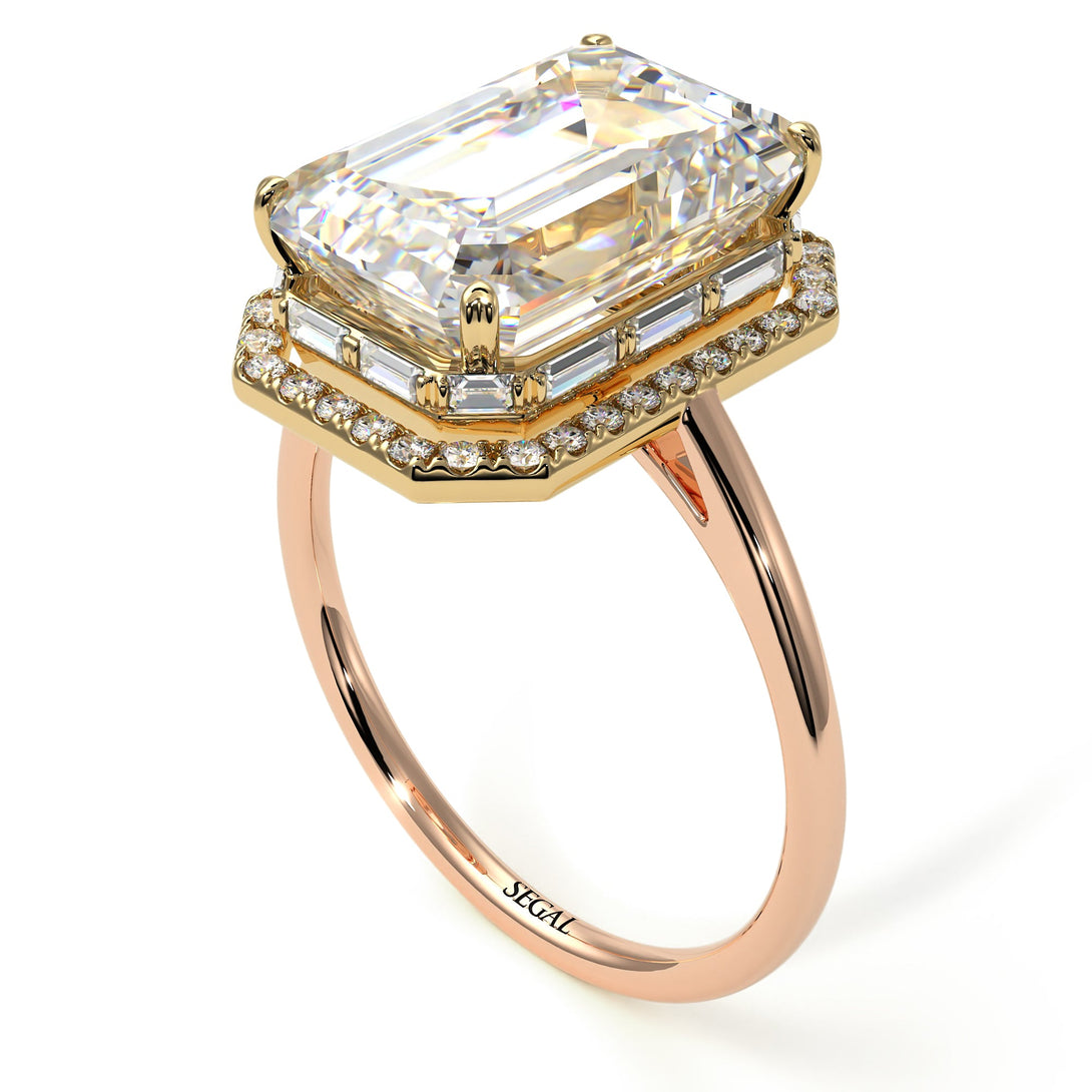 Two Tones Halo Emerald Cut Diamond Ring With Hidden Diamonds - Rowan No. 76