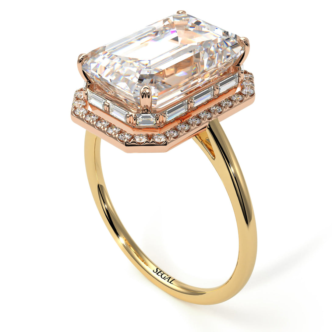 Two Tones Halo Emerald Cut Diamond Ring With Hidden Diamonds - Rowan No. 76