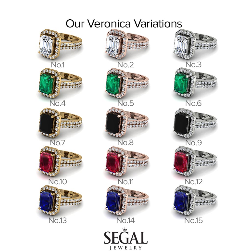 Two Tones Gorgeous Emerald Cut Diamond Pave Double Shank Engagement Ring With Hidden Stone - Veronica No. 76