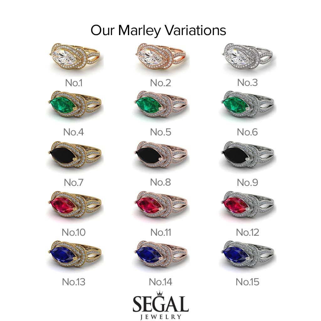 Two Tones Milgrain Marquise Black Diamond Engagement Ring - Marley No. 79