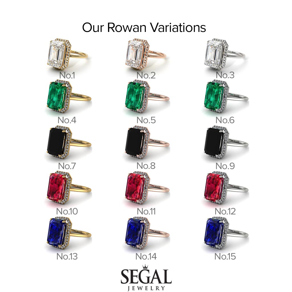 Two Tones Halo Emerald Cut Black Diamond Ring With Hidden Diamonds - Rowan No. 79