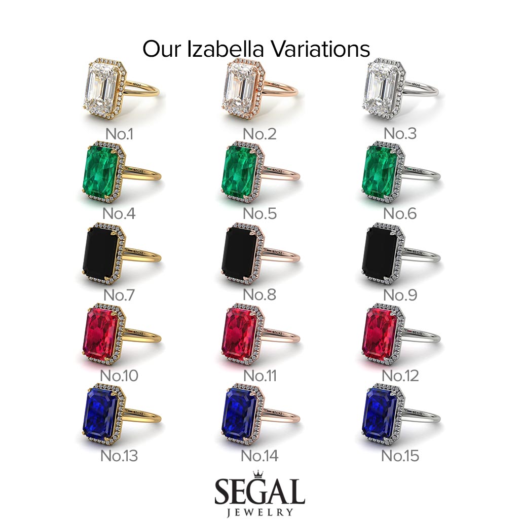 Two Tones Halo Emerald Cut Halo Black Diamond Engagement Ring - Izabella No. 80