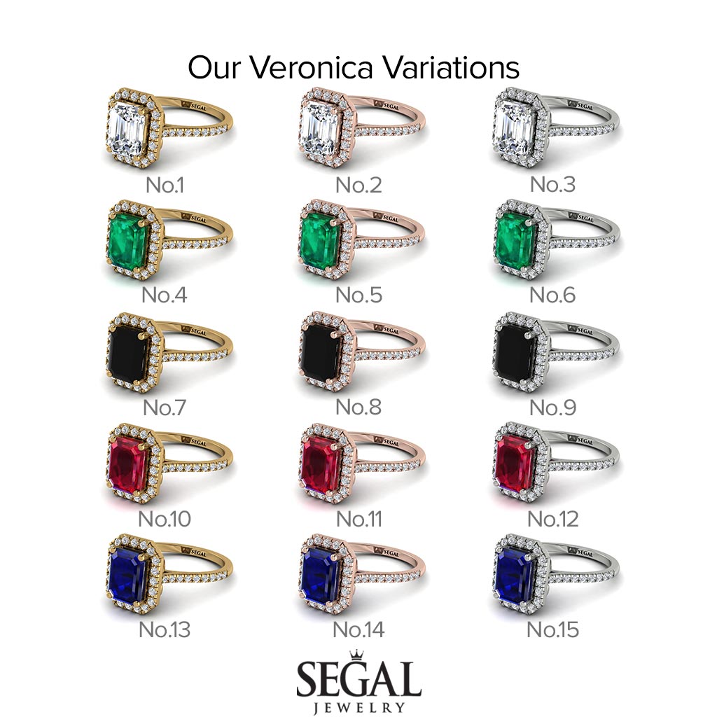 Two Tones Gorgeous Emerald Cut Black Diamond Pave Engagement Ring With Hidden Stone - Veronica No. 81