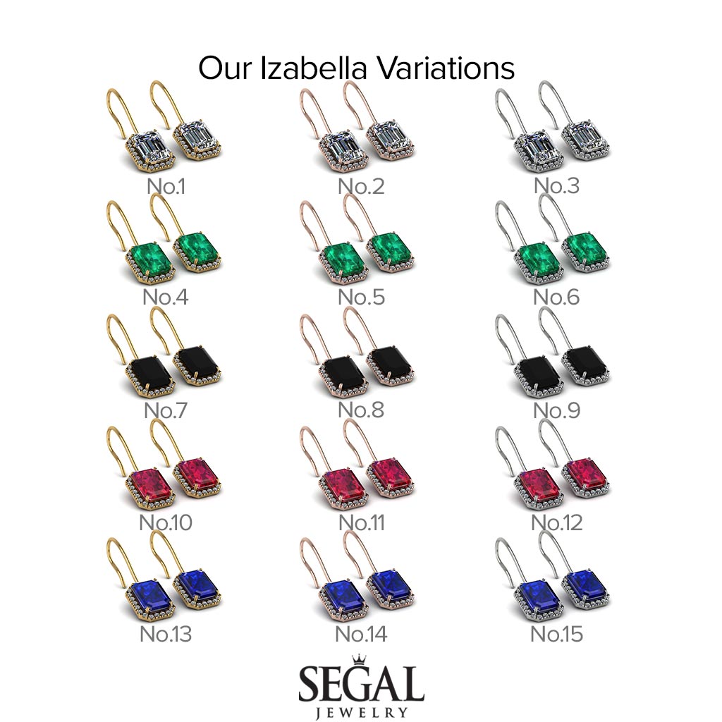 Halo Emerald Cut Sapphire Earrings - Izabella No. 45