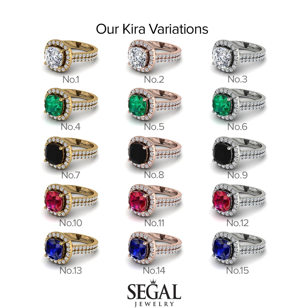 Two Tones Gorgeous Cushion Cut Diamond Pave Double Shank Engagement Ring With Hidden Stone - Kira No. 77