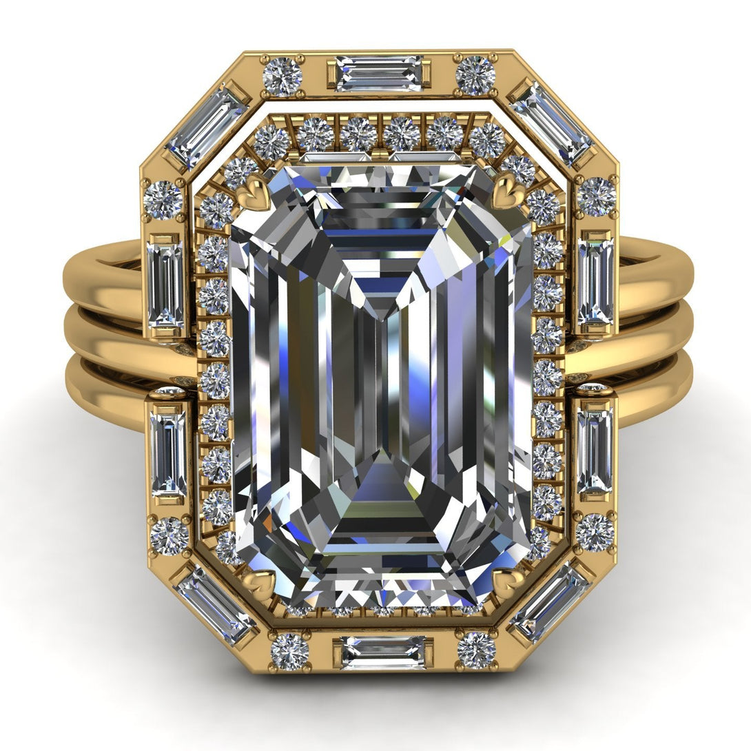 Halo Emerald Cut diamond Bridal Set With Hidden Diamonds - Rowan No. 1