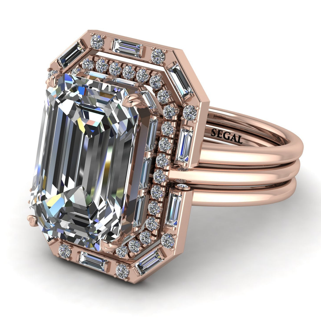 Halo Emerald Cut diamond Bridal Set With Hidden Diamonds - Rowan No. 2