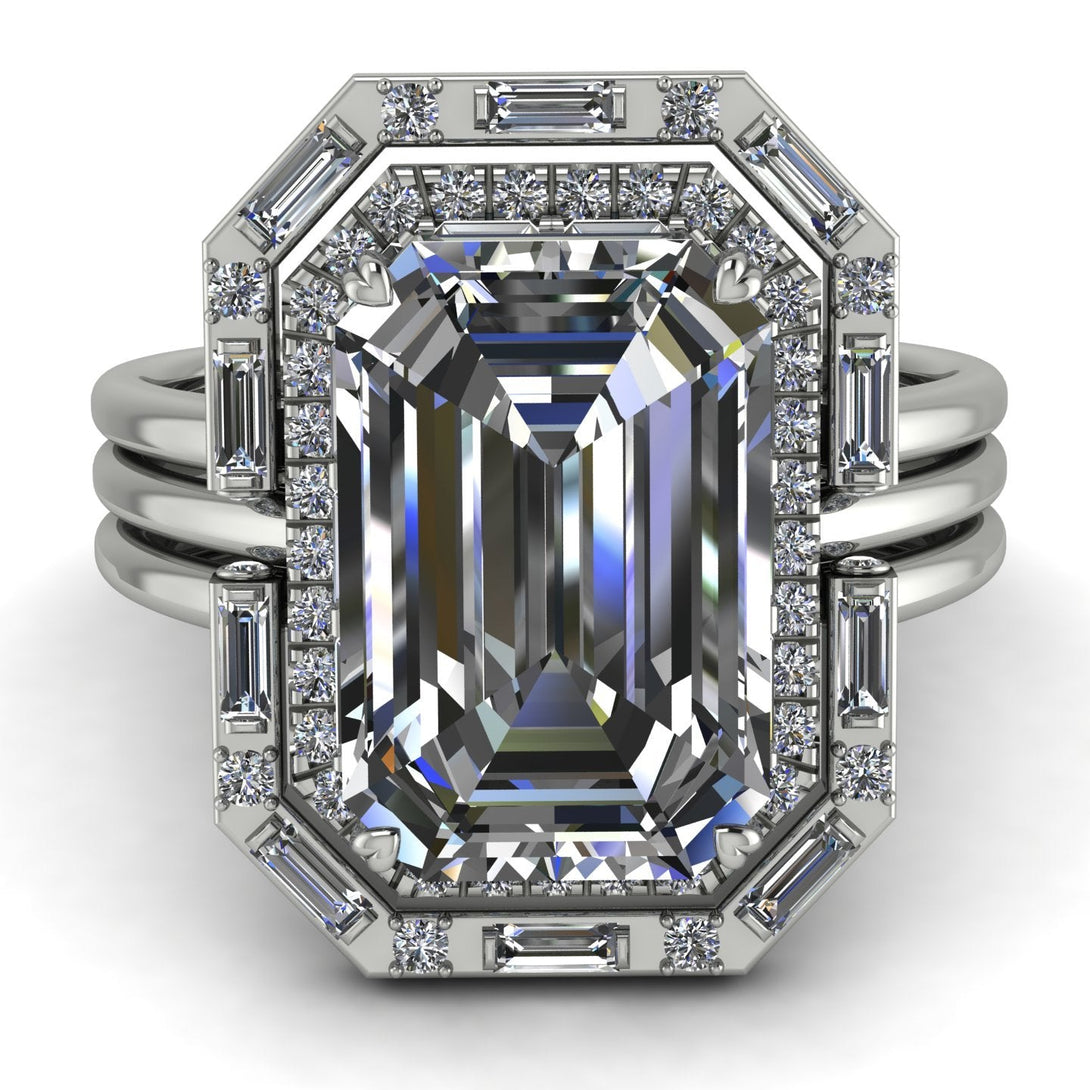 Halo Emerald Cut diamond Bridal Set With Hidden Diamonds - Rowan No. 3