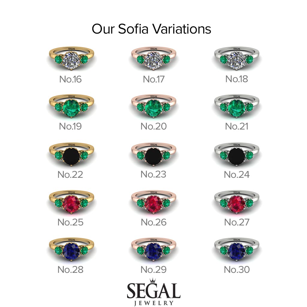 Two Tones Classic 3 Stone Black Diamond Engagement Ring - Sofia No. 81