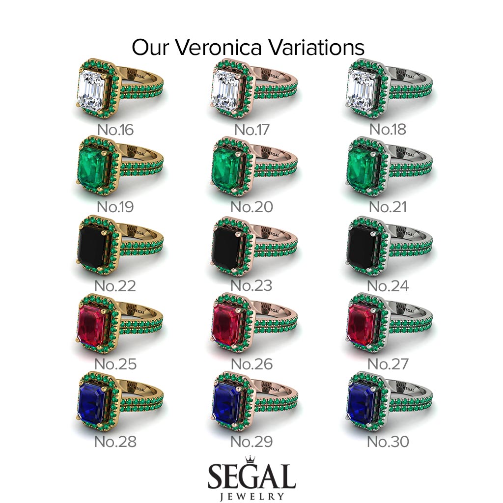 Two Tones Gorgeous Emerald Cut Diamond Pave Double Shank Engagement Ring With Hidden Stone - Veronica No. 76