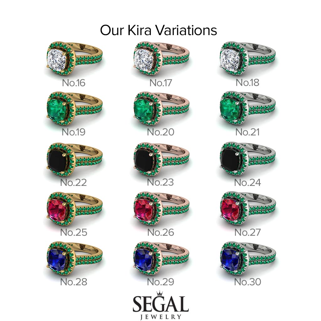 Two Tones Gorgeous Cushion Cut Black Diamond Pave Double Shank Engagement Ring With Hidden Stone - Kira No. 79