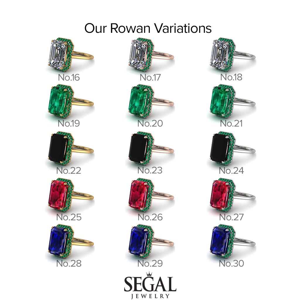 Two Tones Halo Emerald Cut Black Diamond Ring With Hidden Diamonds - Rowan No. 79