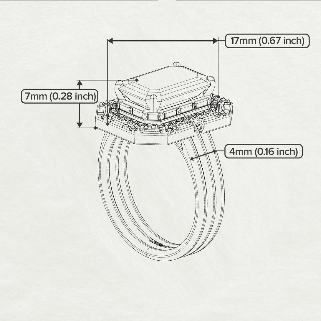 Halo Emerald Cut diamond Bridal Set With Hidden Diamonds - Rowan No. 2