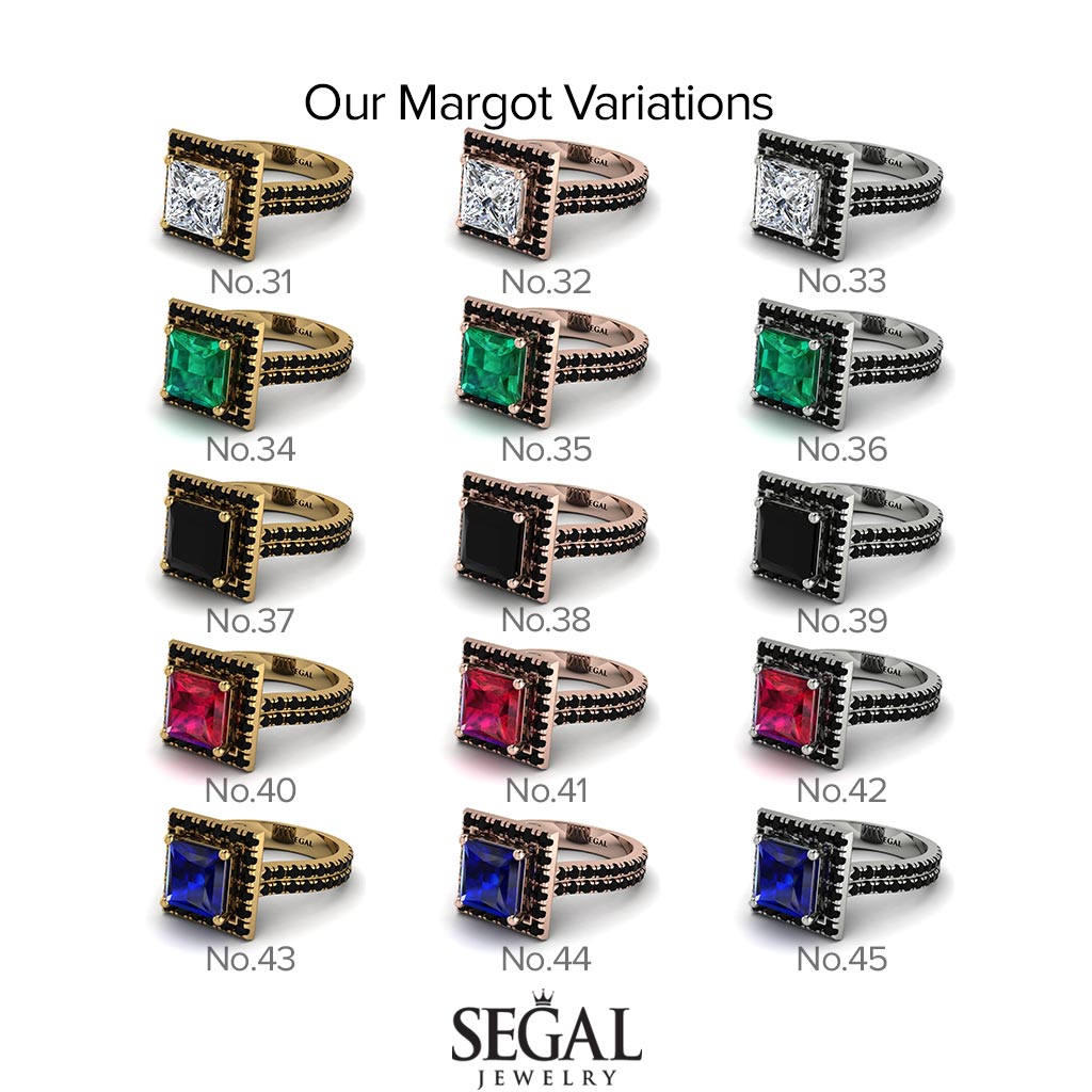 Two Tones Gorgeous Princess Cut Black Diamond Pave Double Shank Engagement Ring With Hidden Stone - Margot No. 81