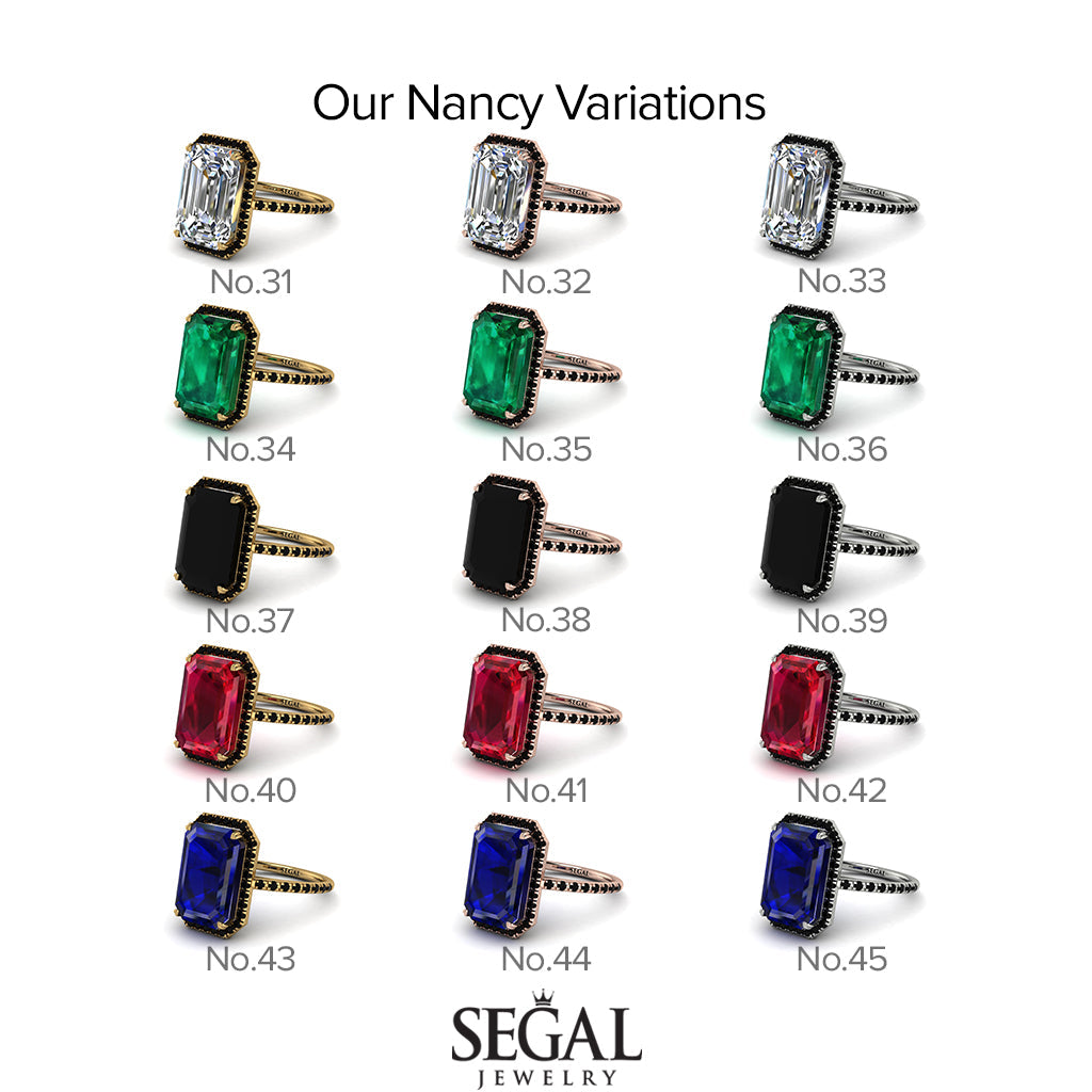 Emerald Cut Sapphire Pave Engagement Ring - Nancy No. 43