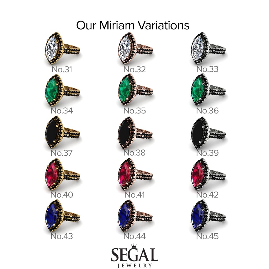 Two Tones Gorgeous Marquise Cut Black Diamond Pave Double Shank Engagement Ring With Hidden Stone - Miriam No. 81