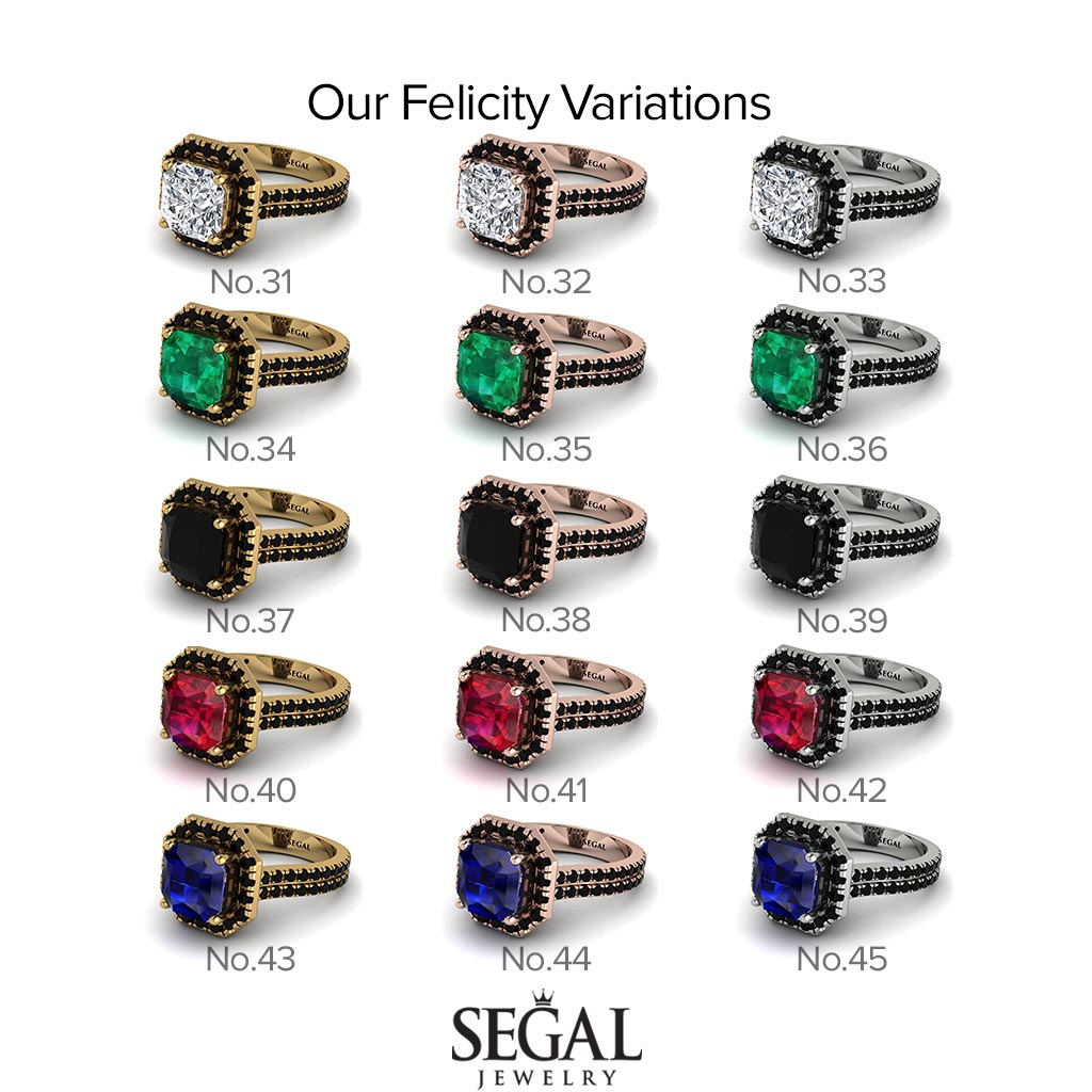 Two Tones Gorgeous Radiant Cut Black Diamond Pave Double Shank Engagement Ring With Hidden Stone - Felicity No. 81