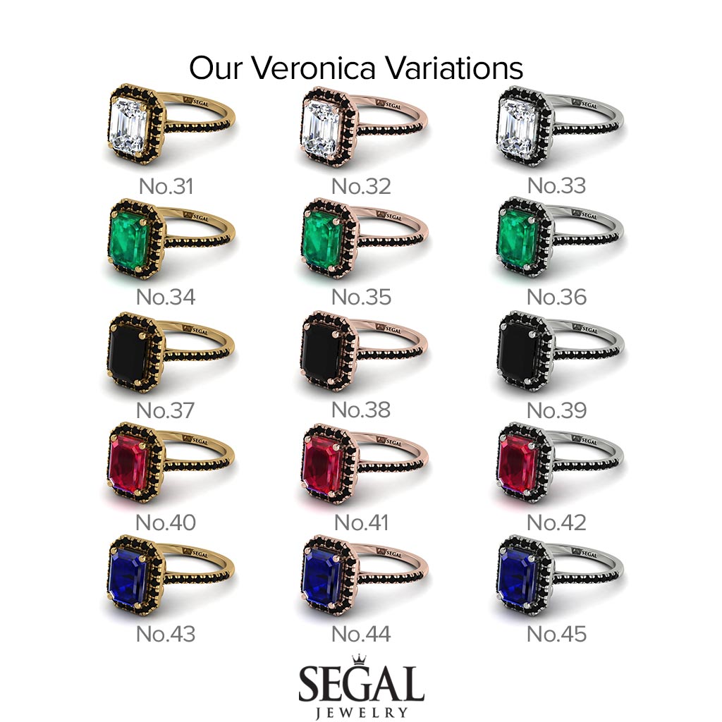 Two Tones Gorgeous Emerald Cut Black Diamond Pave Engagement Ring With Hidden Stone - Veronica No. 80