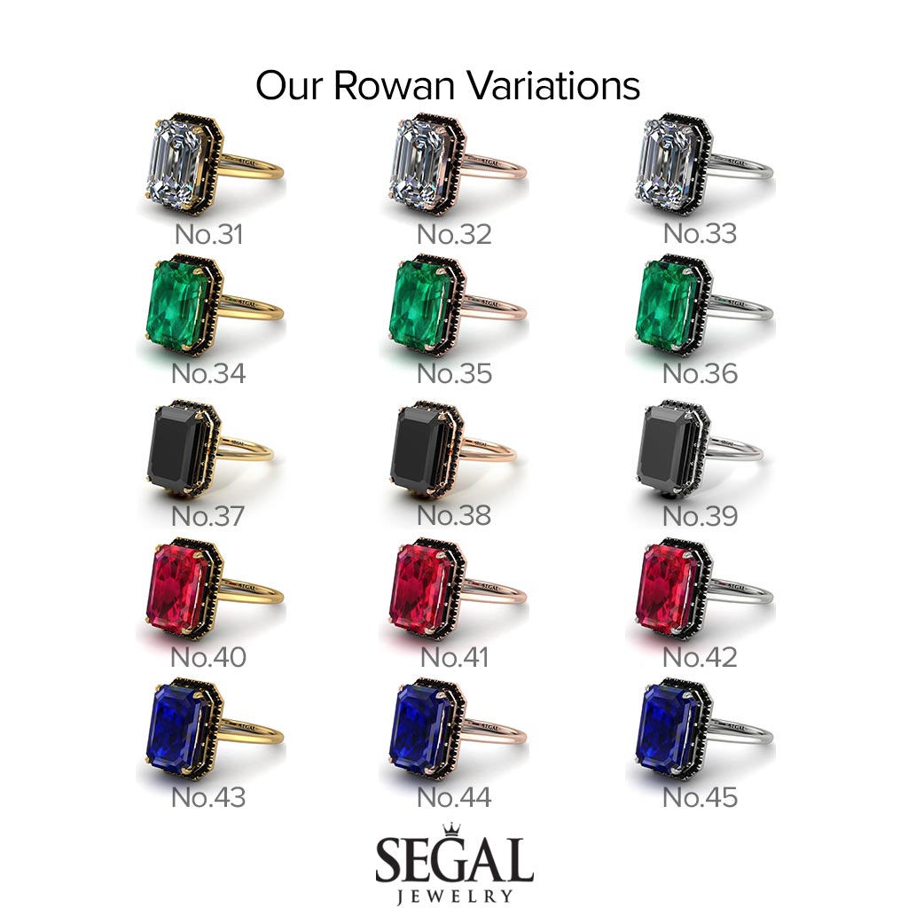 Two Tones Halo Emerald Cut Diamond Ring With Hidden Diamonds - Rowan No. 76