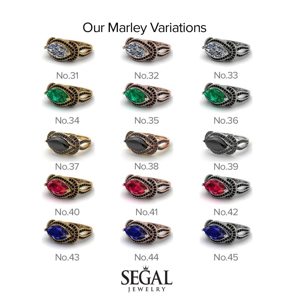 Two Tones Milgrain Marquise Black Diamond Engagement Ring - Marley No. 80