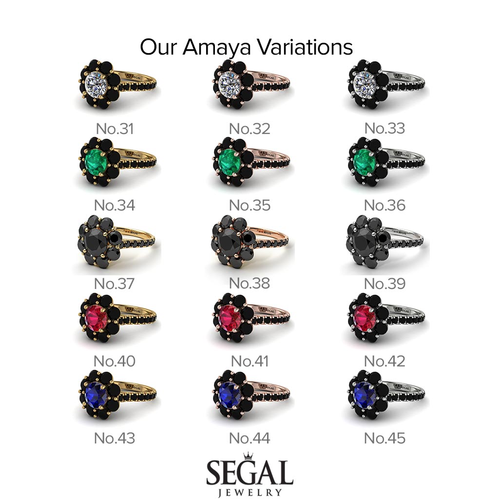 Two Tones Glamorous Black Diamond Halo Engagement Ring - Amaya No. 79