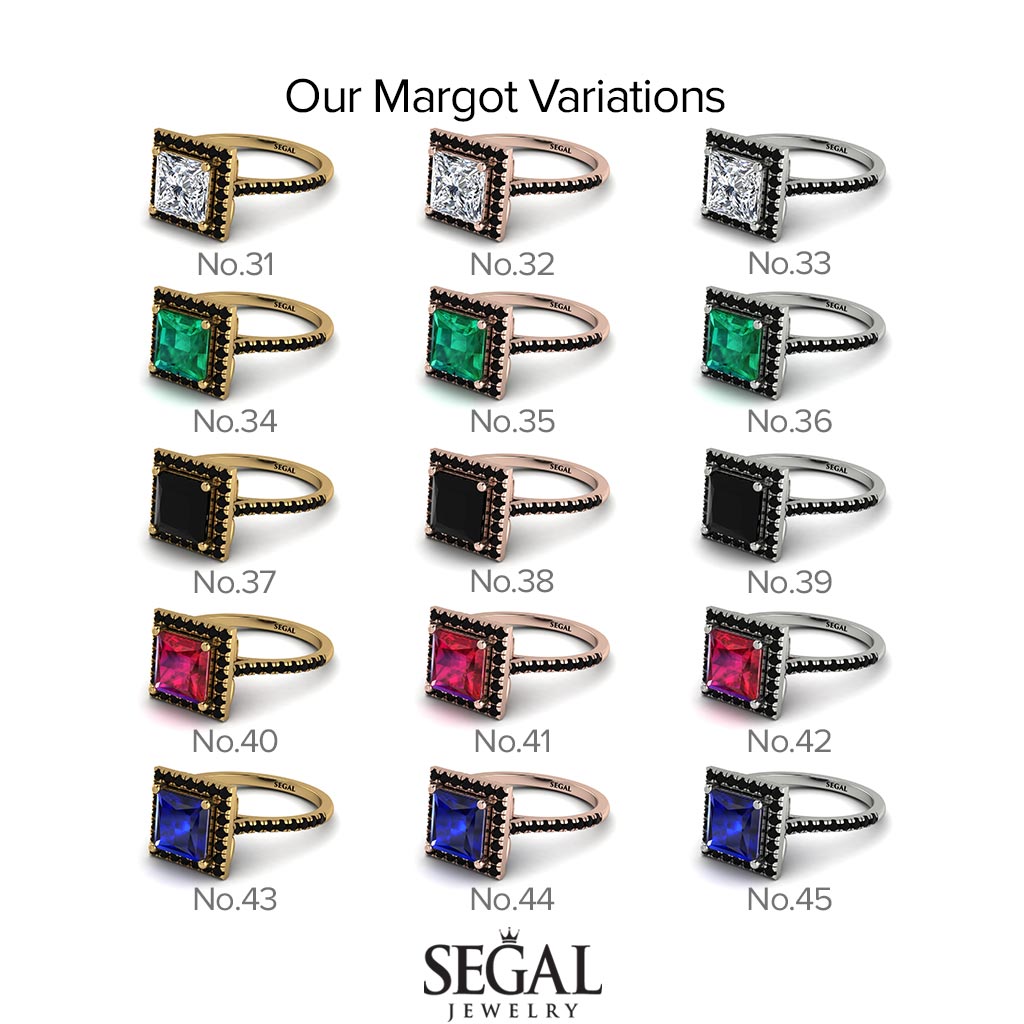 Two Tones Gorgeous Princess Cut Black Diamond Pave Engagement Ring With Hidden Stone - Margot No. 79