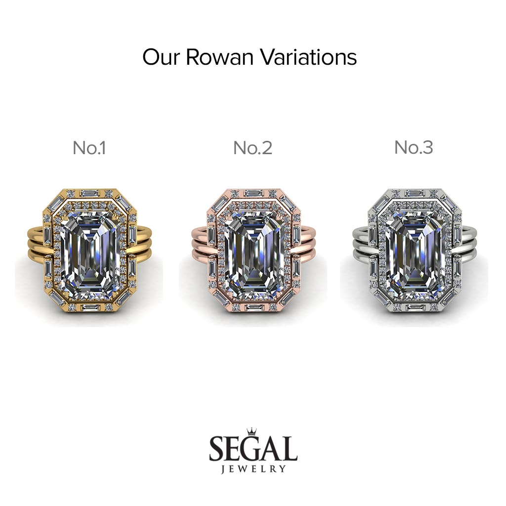 Halo Emerald Cut diamond Bridal Set With Hidden Diamonds - Rowan No. 1