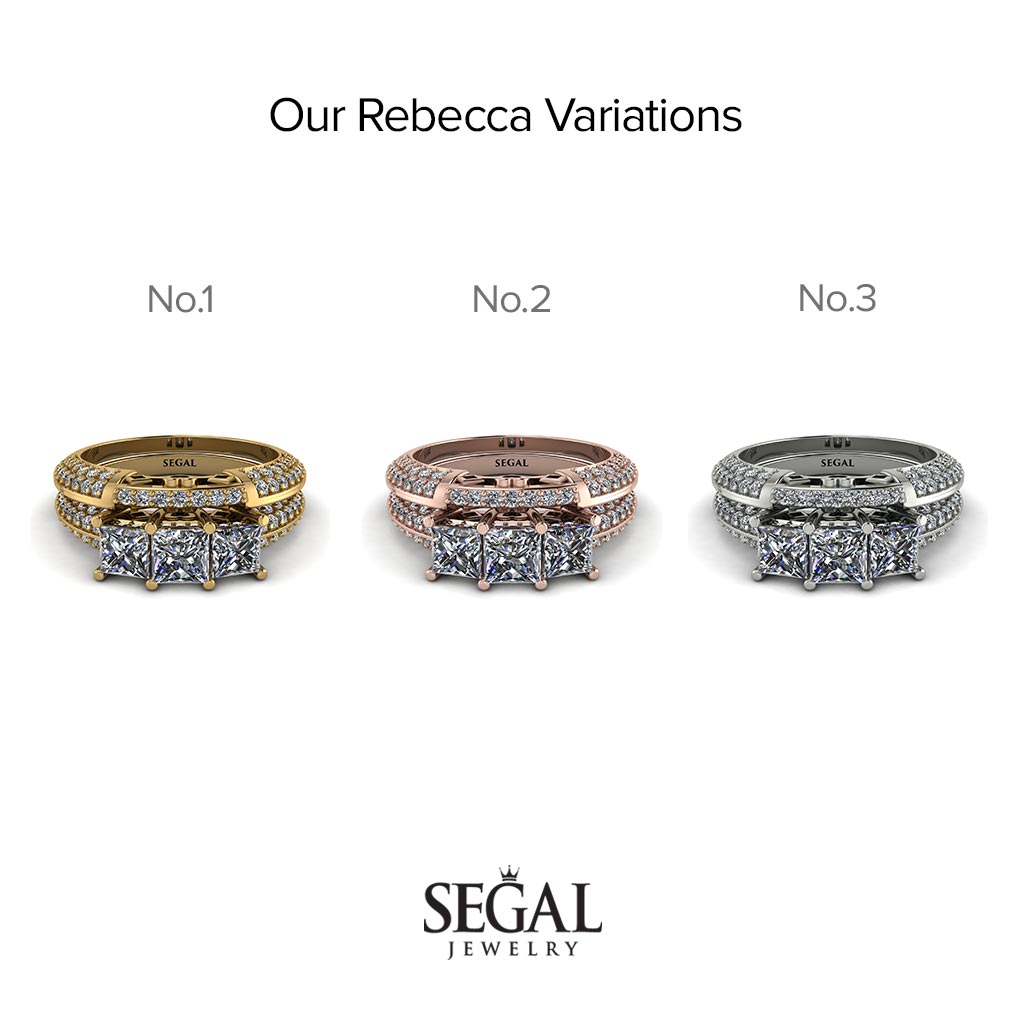 3 Stones Princess diamond Bridal Set - Rebecca No. 2