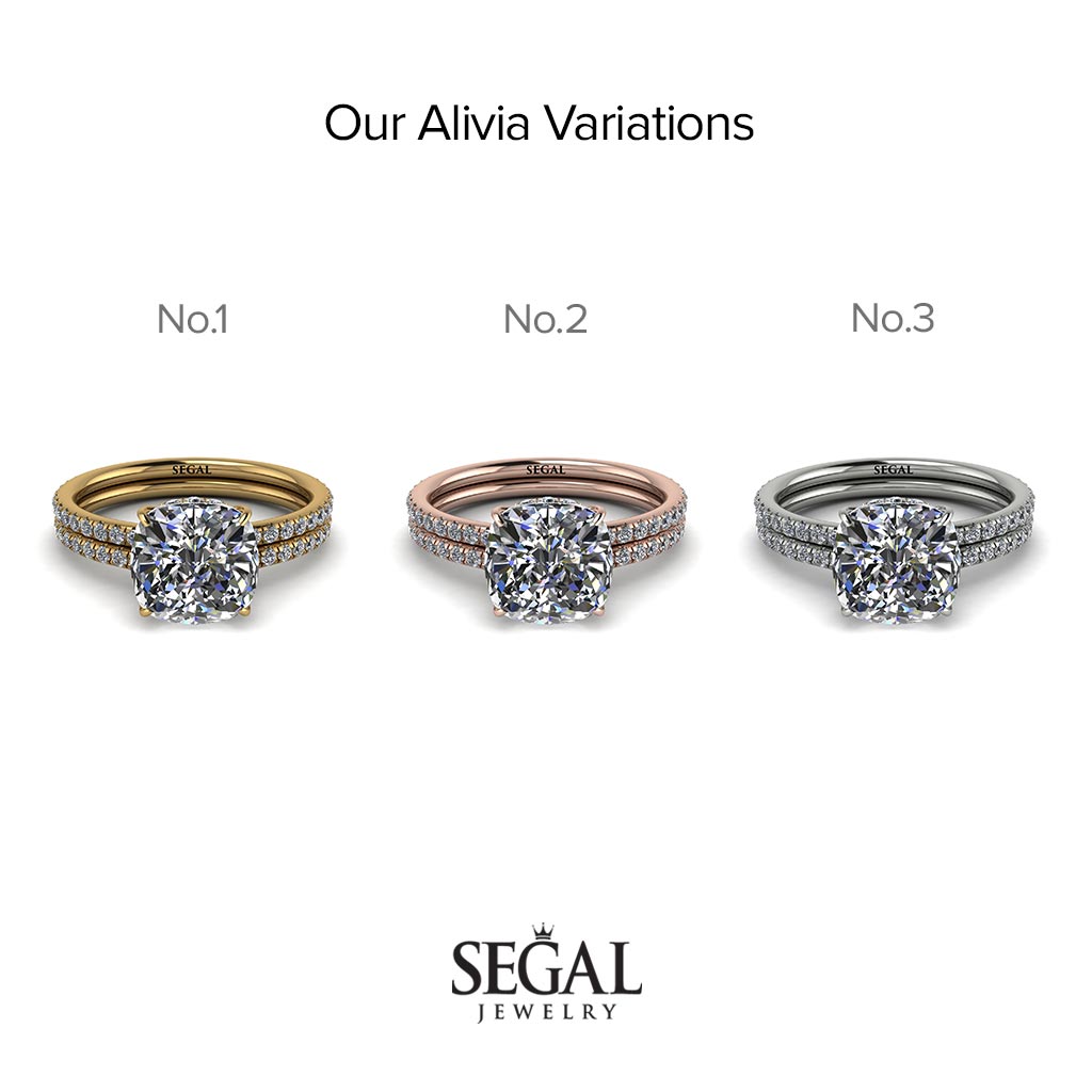 Cushion Cut diamond Hidden Halo Bridal Set - Alivia No. 2