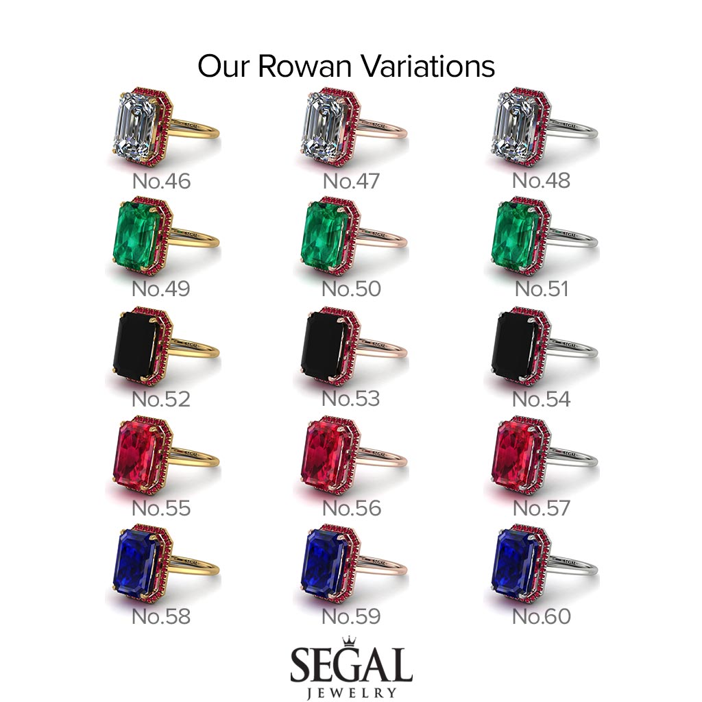 Two Tones Halo Emerald Cut Black Diamond Ring With Hidden Diamonds - Rowan No. 80