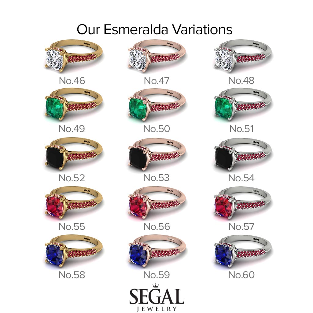 Two Tones Luxury Pave Cushion Cut Black Diamond Engagement Ring With Hidden Stone - Esmeralda No. 80