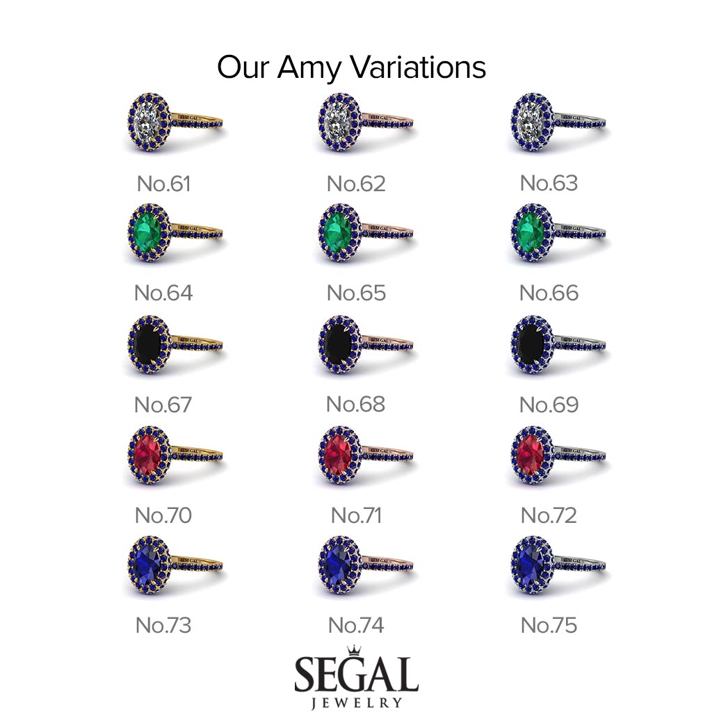 Two Tones Oval Black Diamond Halo Hidden Diamonds Ring - Amy No. 79