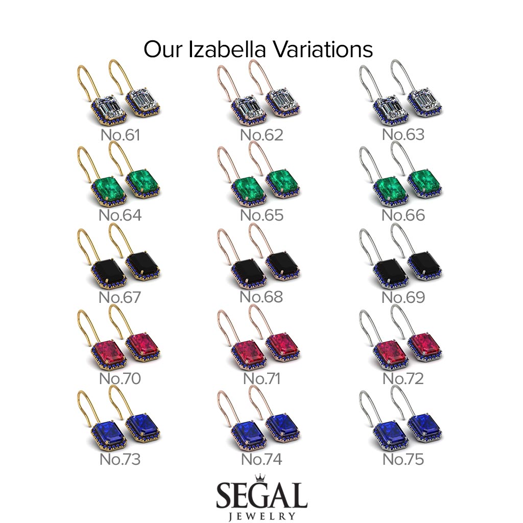 Halo Emerald Cut Sapphire Earrings - Izabella No. 74
