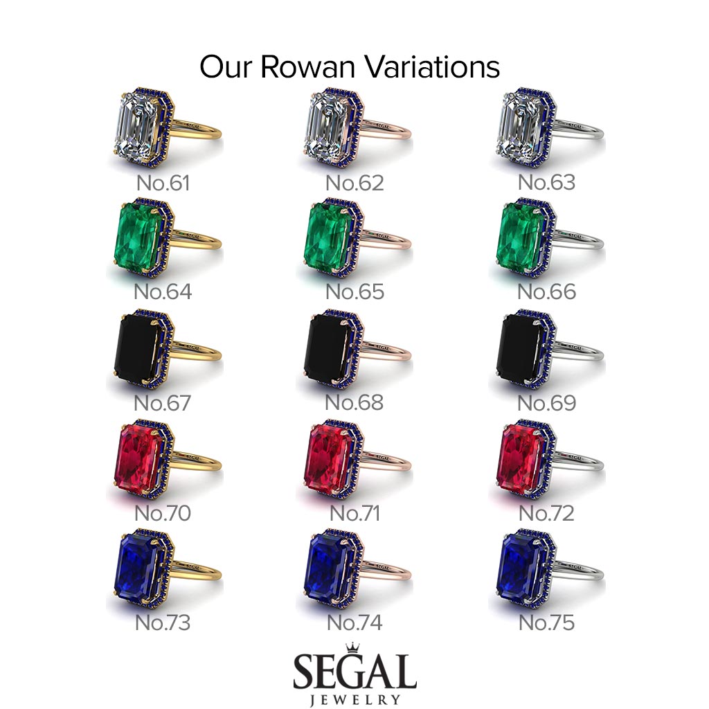 Two Tones Halo Emerald Cut Black Diamond Ring With Hidden Diamonds - Rowan No. 80