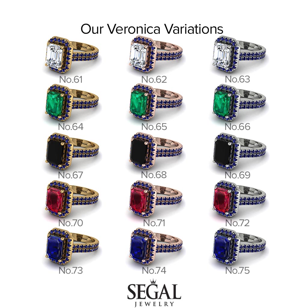 Two Tones Gorgeous Emerald Cut Black Diamond Pave Double Shank Engagement Ring With Hidden Stone - Veronica No. 80