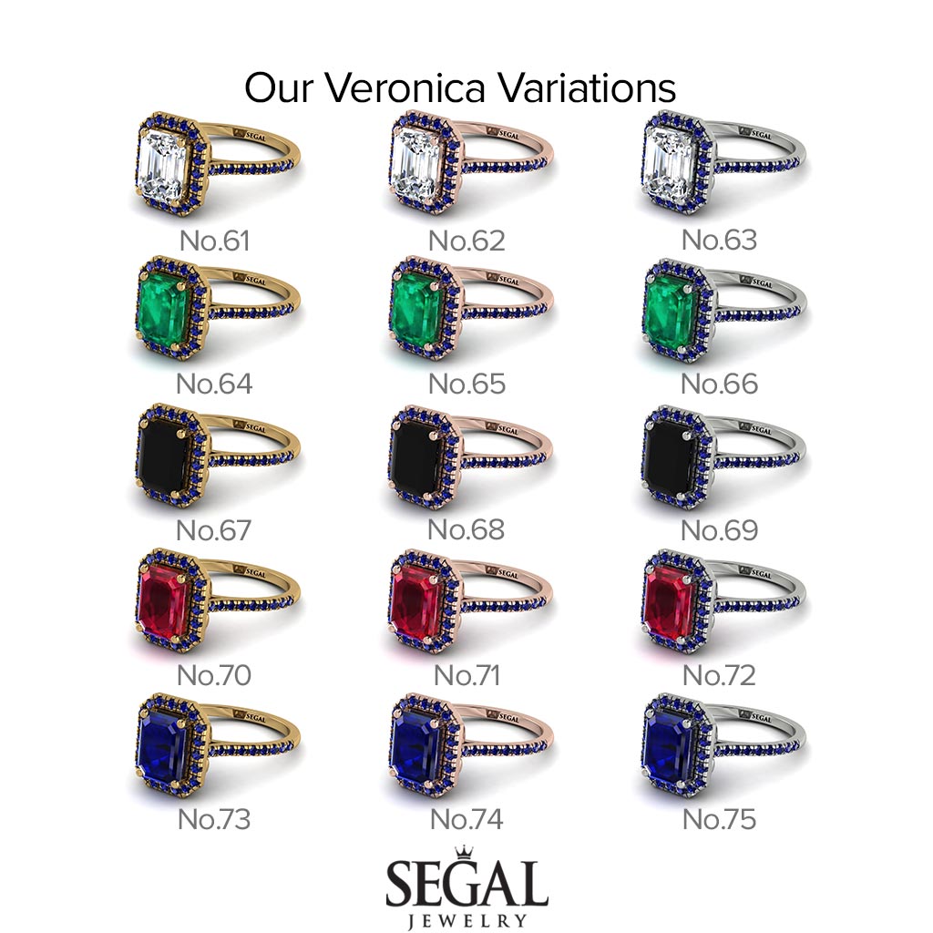 Two Tones Gorgeous Emerald Cut Black Diamond Pave Engagement Ring With Hidden Stone - Veronica No. 80