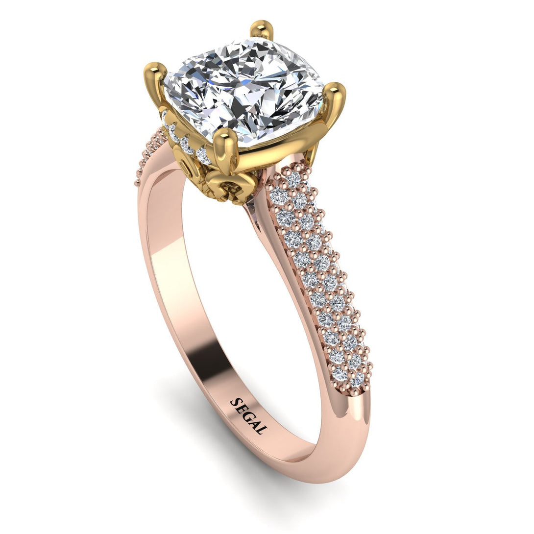Two Tones Luxury Pave Cushion Cut Diamond Engagement Ring With Hidden Stone - Esmeralda No. 76