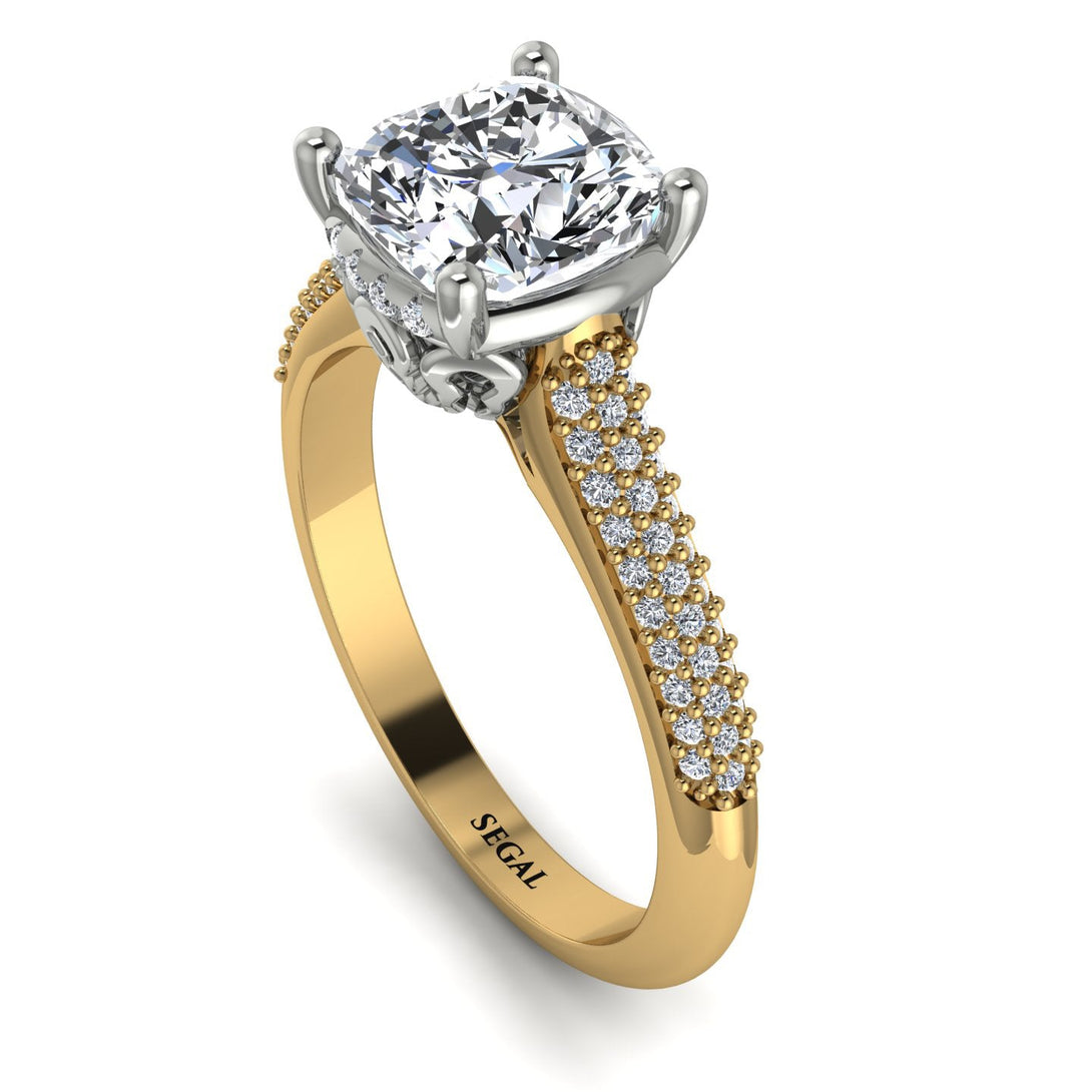 Two Tones Luxury Pave Cushion Cut Diamond Engagement Ring With Hidden Stone - Esmeralda No. 77
