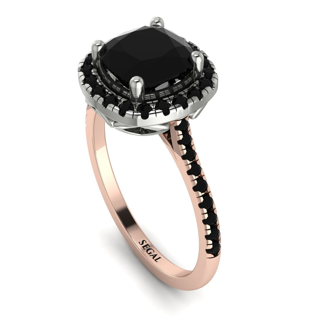 Two Tones Gorgeous Cushion Cut Black Diamond Pave Engagement Ring With Hidden Stone - Kira No. 81