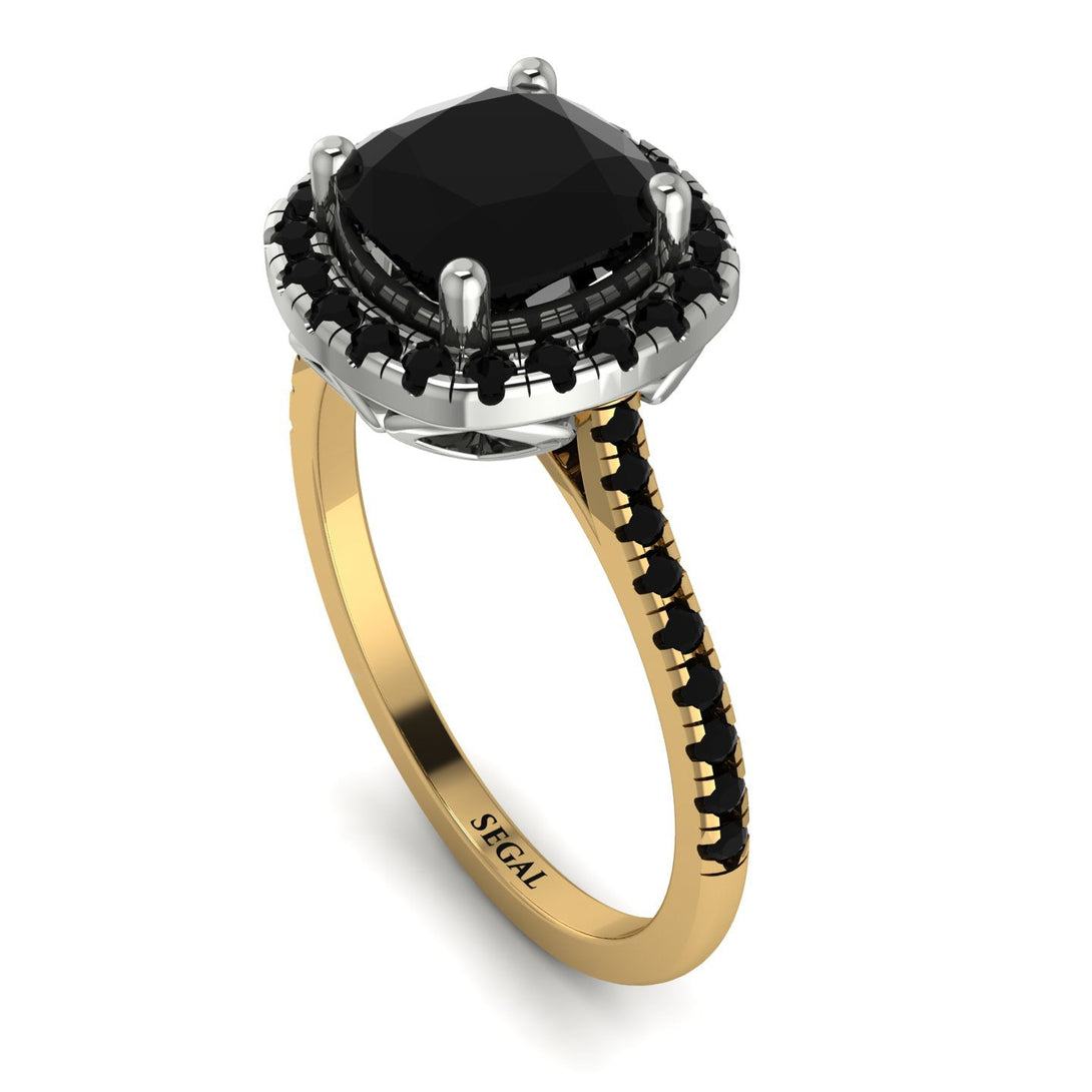 Two Tones Gorgeous Cushion Cut Black Diamond Pave Engagement Ring With Hidden Stone - Kira No. 80
